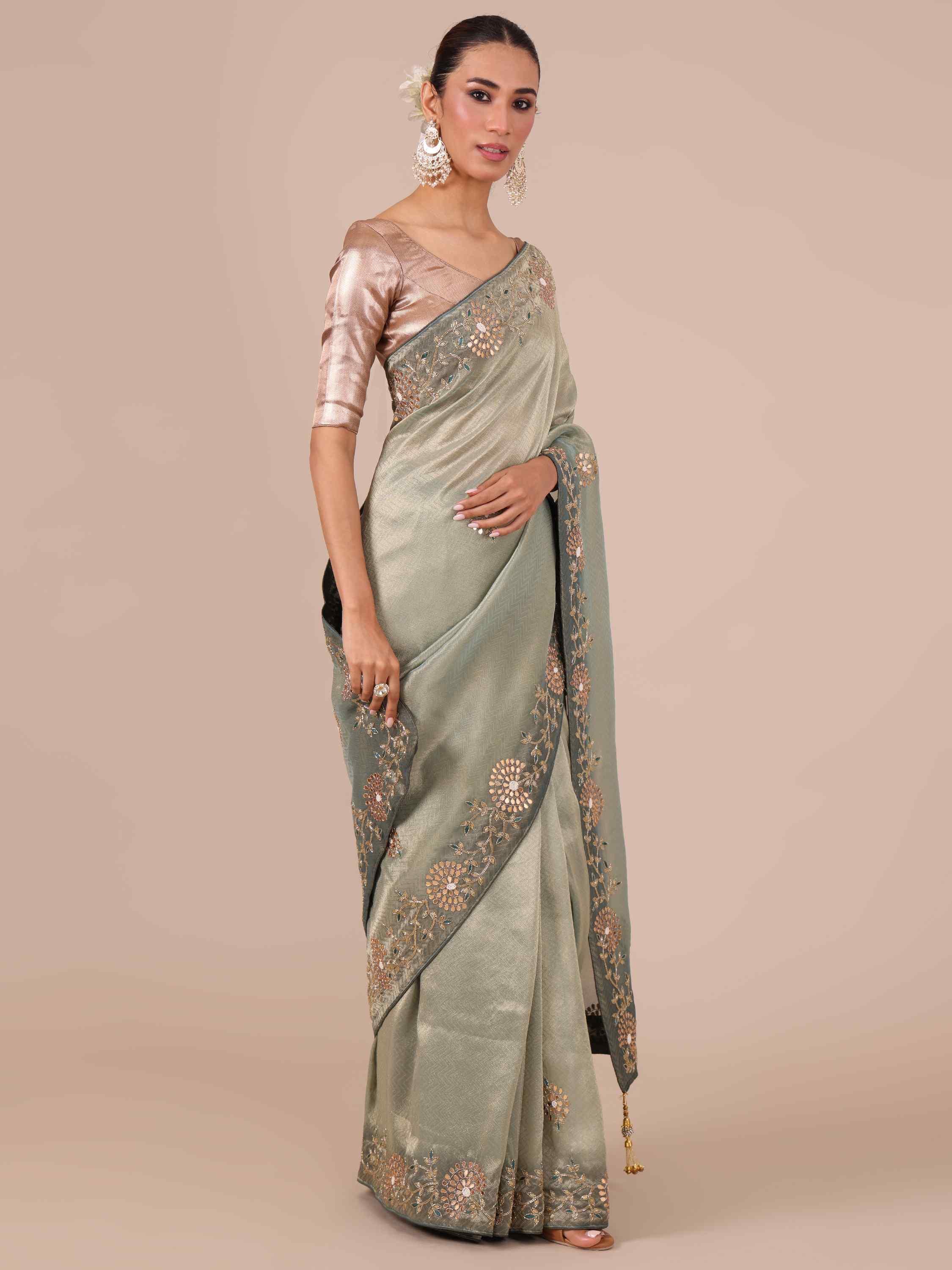 Sea Green Tissue Organza Saree with Unstitched Blouse - House of Surya