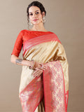 Ivory Silk Saree with Weaving Work – Unstitched Rani Blouse