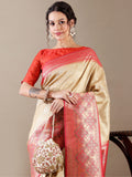Ivory Silk Saree with Weaving Work – Unstitched Rani Blouse