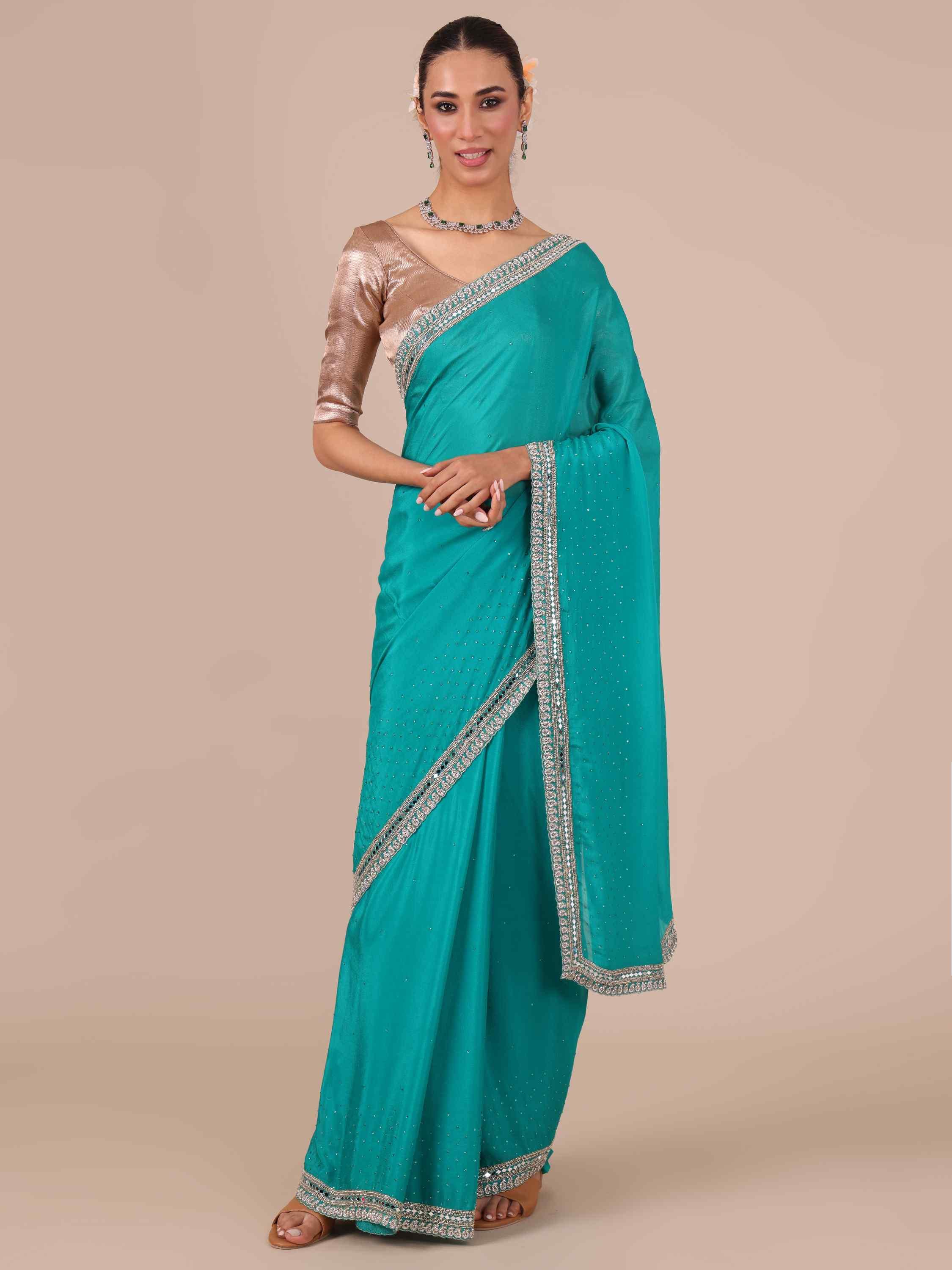 Rama Color Chinon Saree with Unstitched Blouse - House of Surya