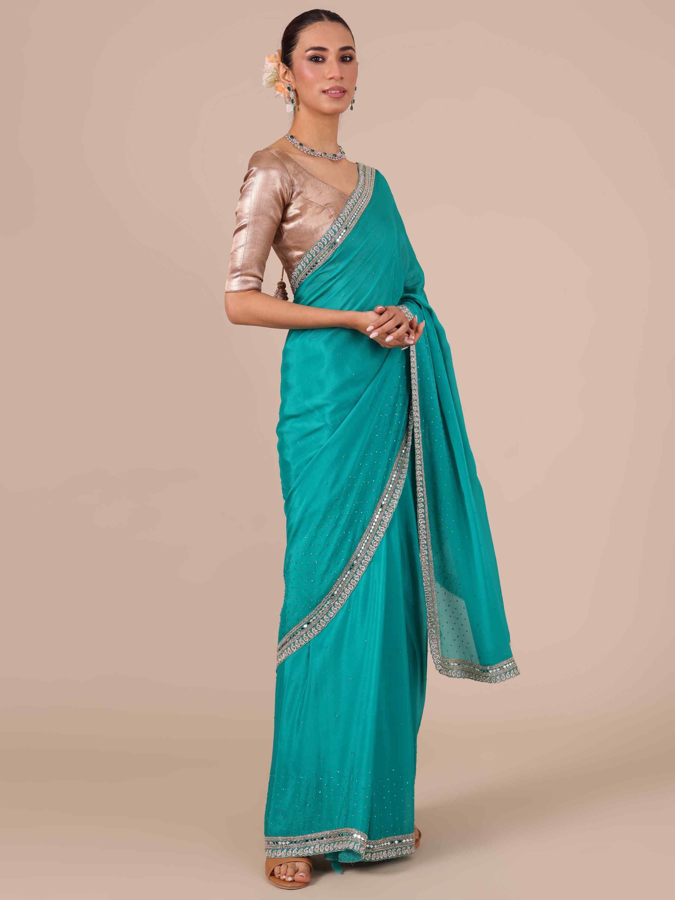 Rama Color Chinon Saree with Unstitched Blouse - House of Surya