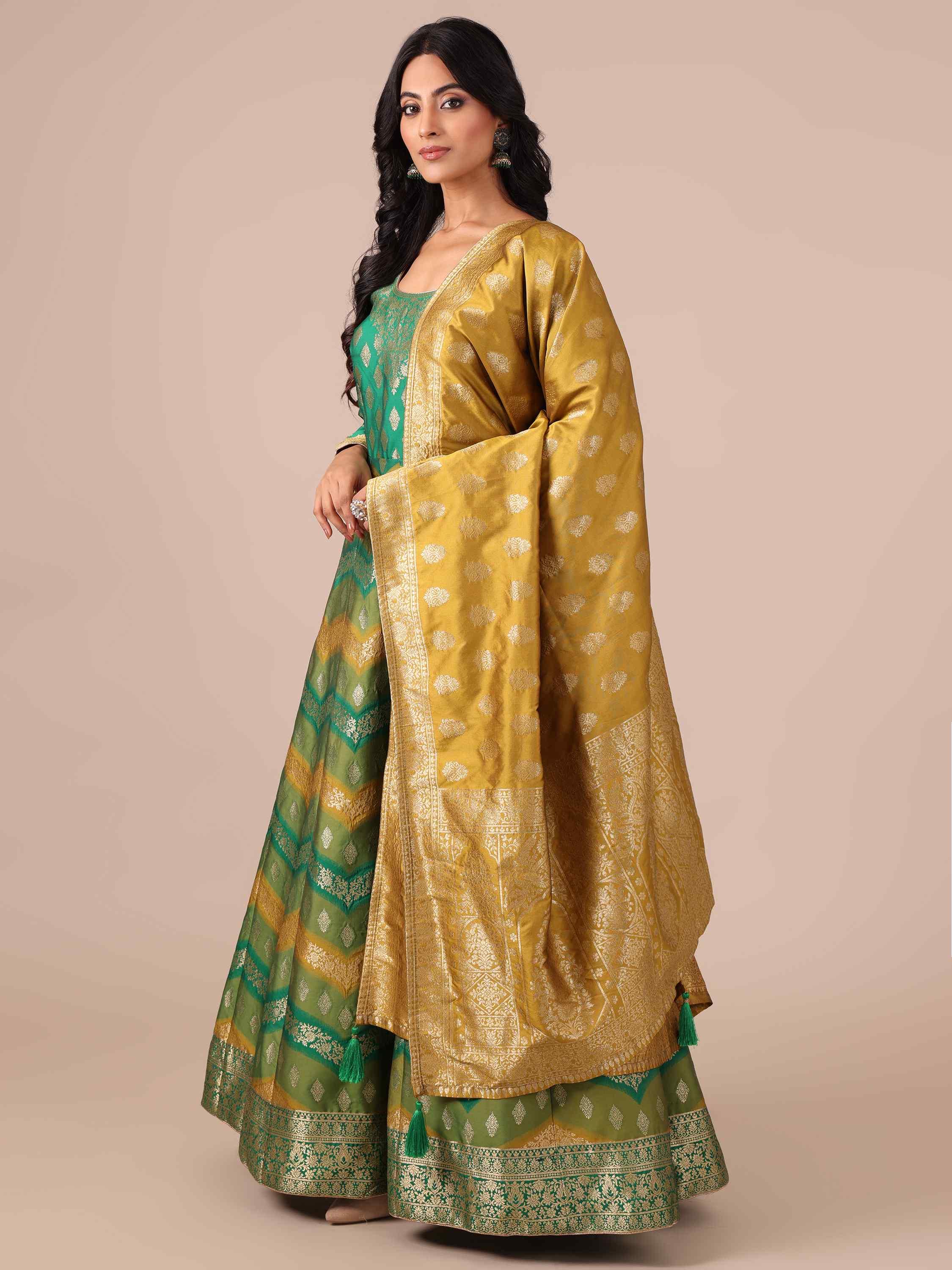 Rama Color Banarasi Silk Anarkali with Dupatta - House of Surya