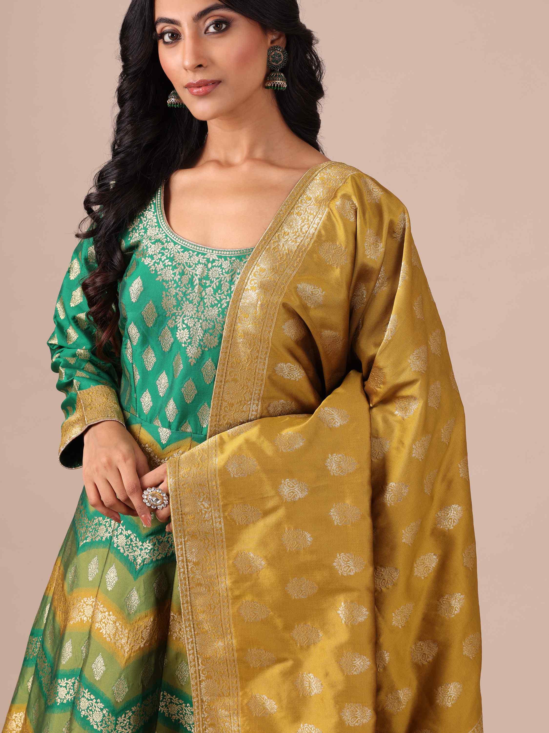 Rama Color Banarasi Silk Anarkali with Dupatta - House of Surya
