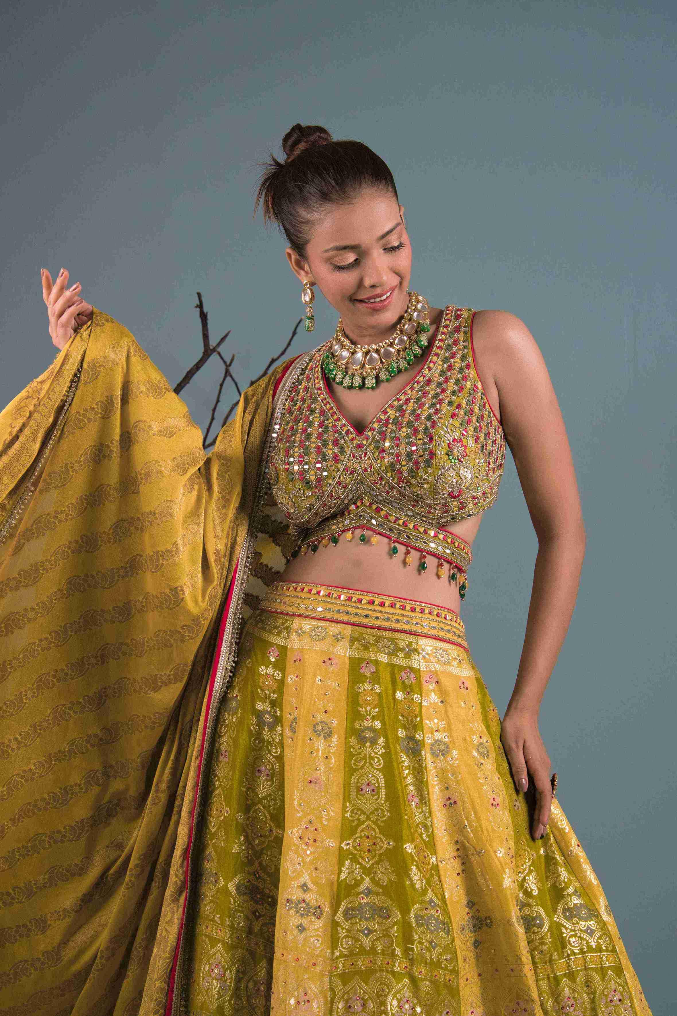 Mehendi Green Lehenga Choli with Multi-Thread, Stones Work - House of Surya