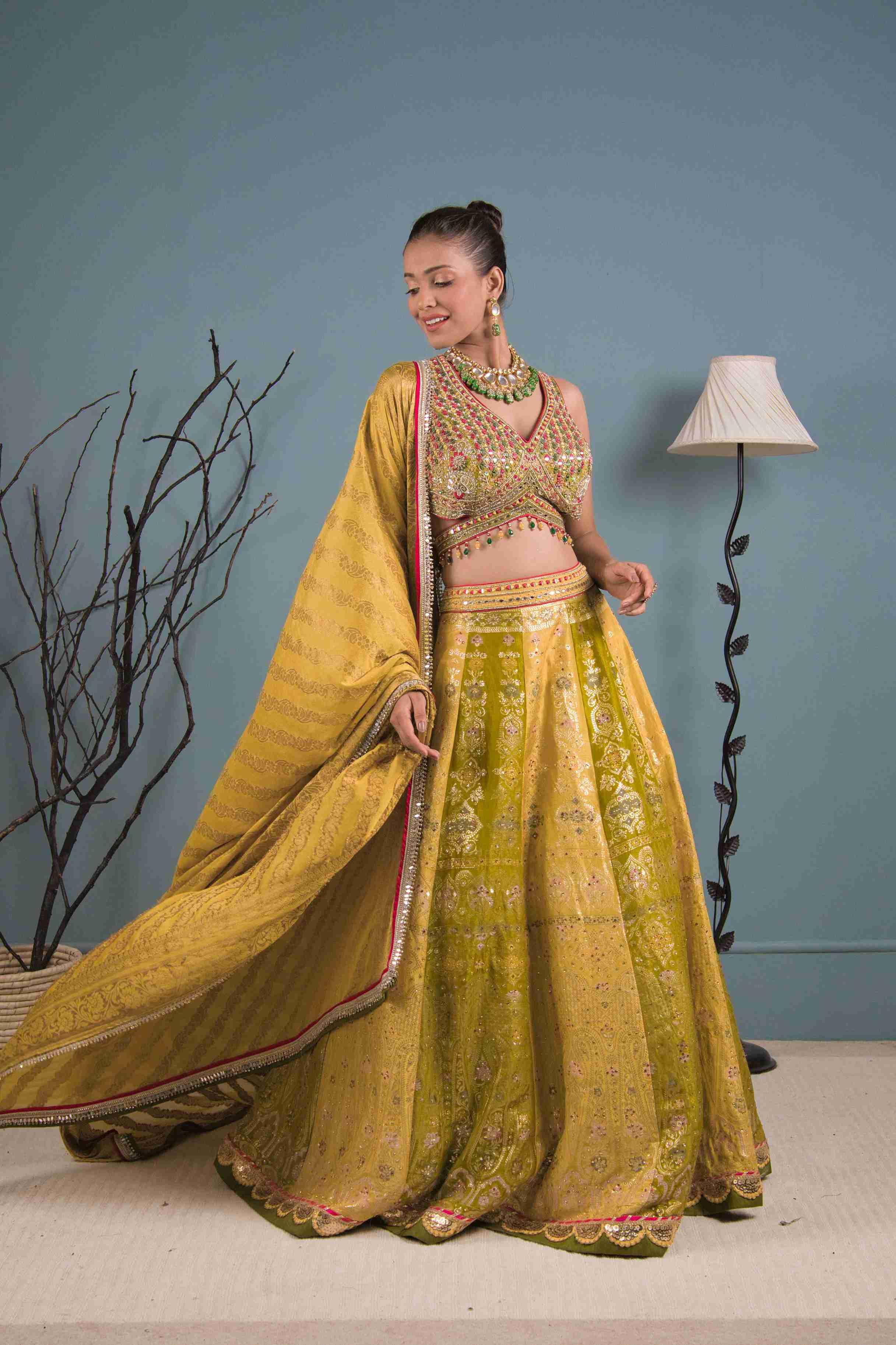 Mehendi Green Lehenga Choli with Multi-Thread, Stones Work - House of Surya