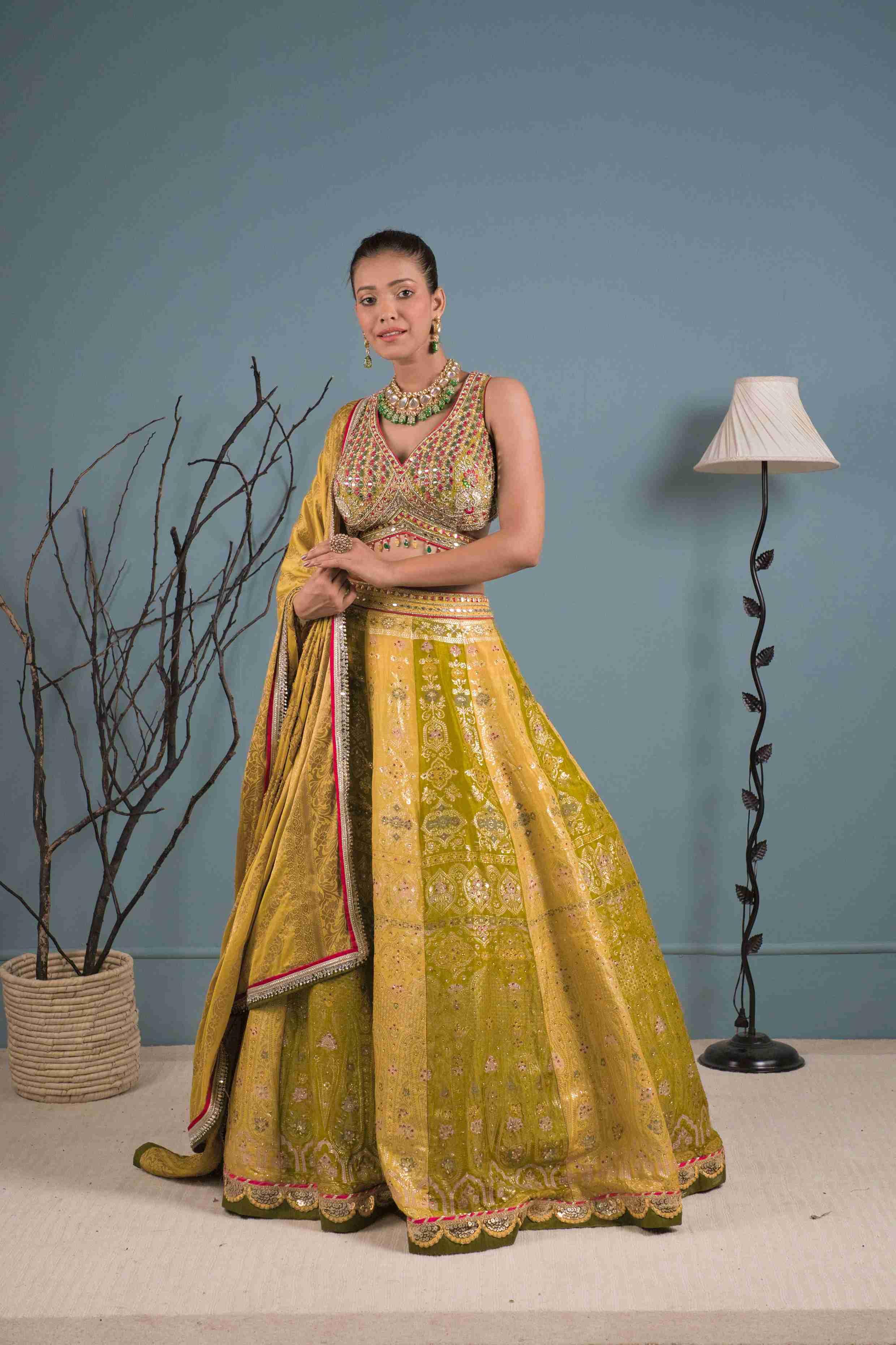 Mehendi Green Lehenga Choli with Multi-Thread, Stones Work - House of Surya