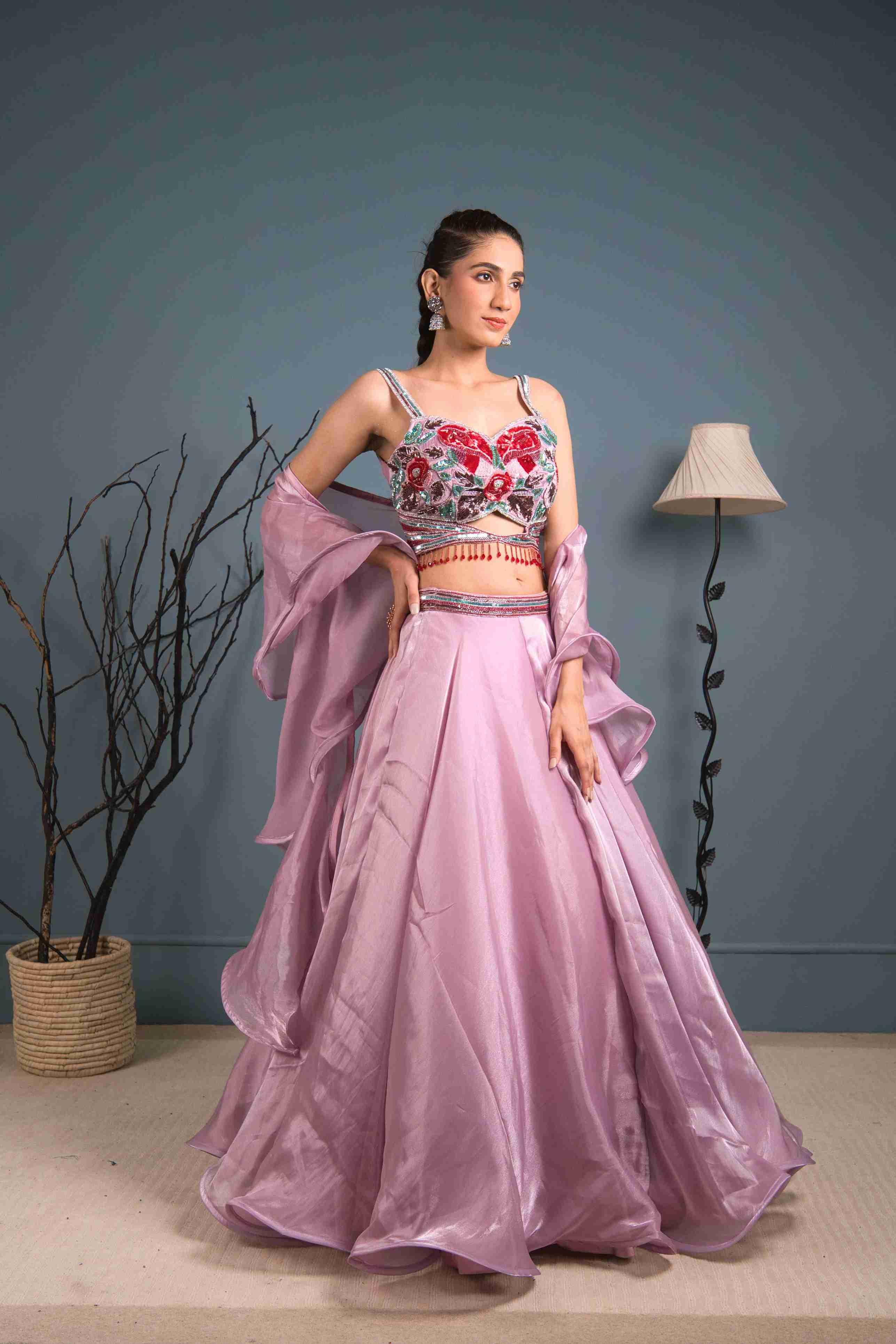 Lavender Organza Lehenga Choli With Cutdana, Red Sequins Work - House of Surya