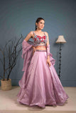 Lavender Organza Lehenga Choli With Cutdana, Red Sequins Work - House of Surya