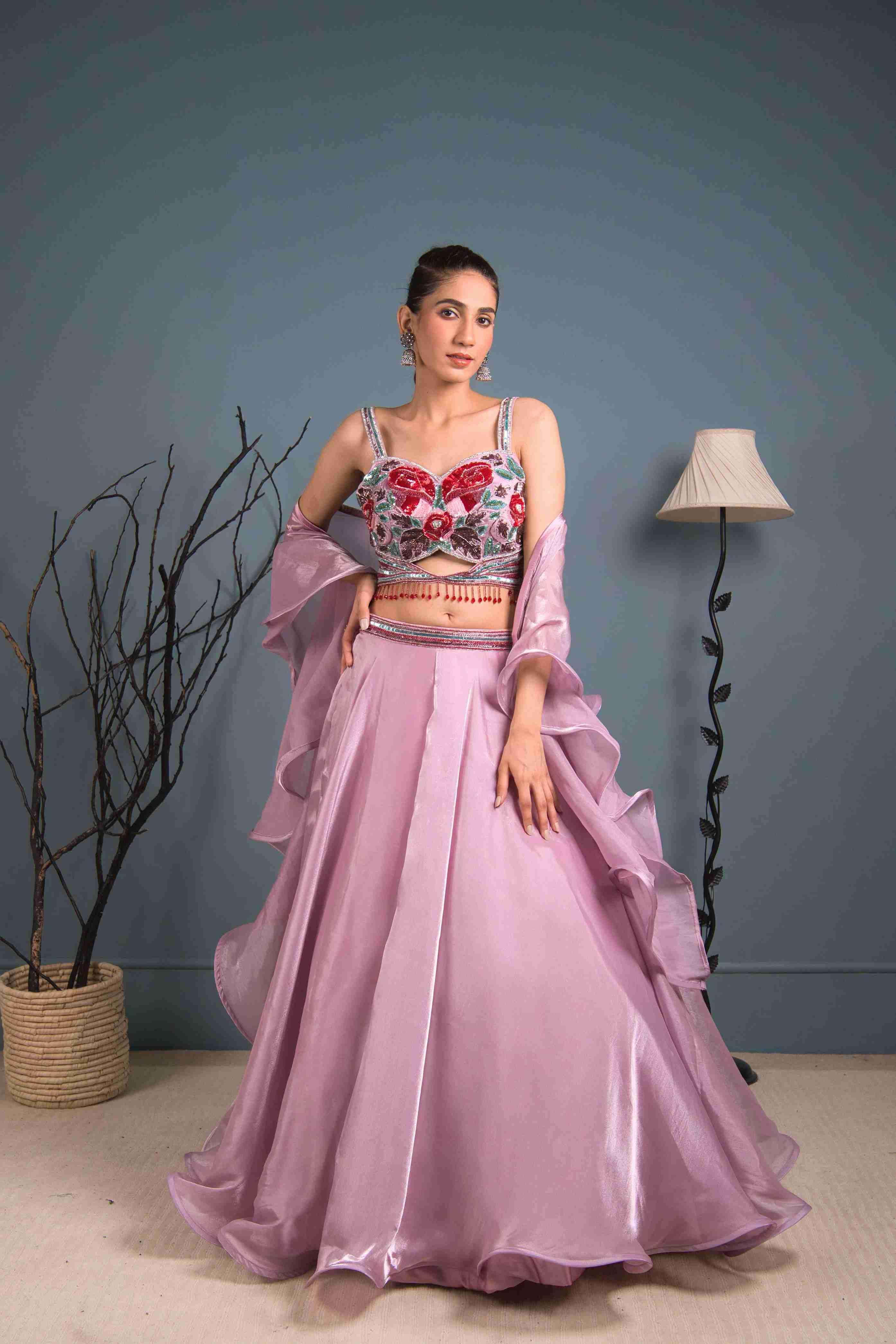 Lavender Organza Lehenga Choli With Cutdana, Red Sequins Work - House of Surya