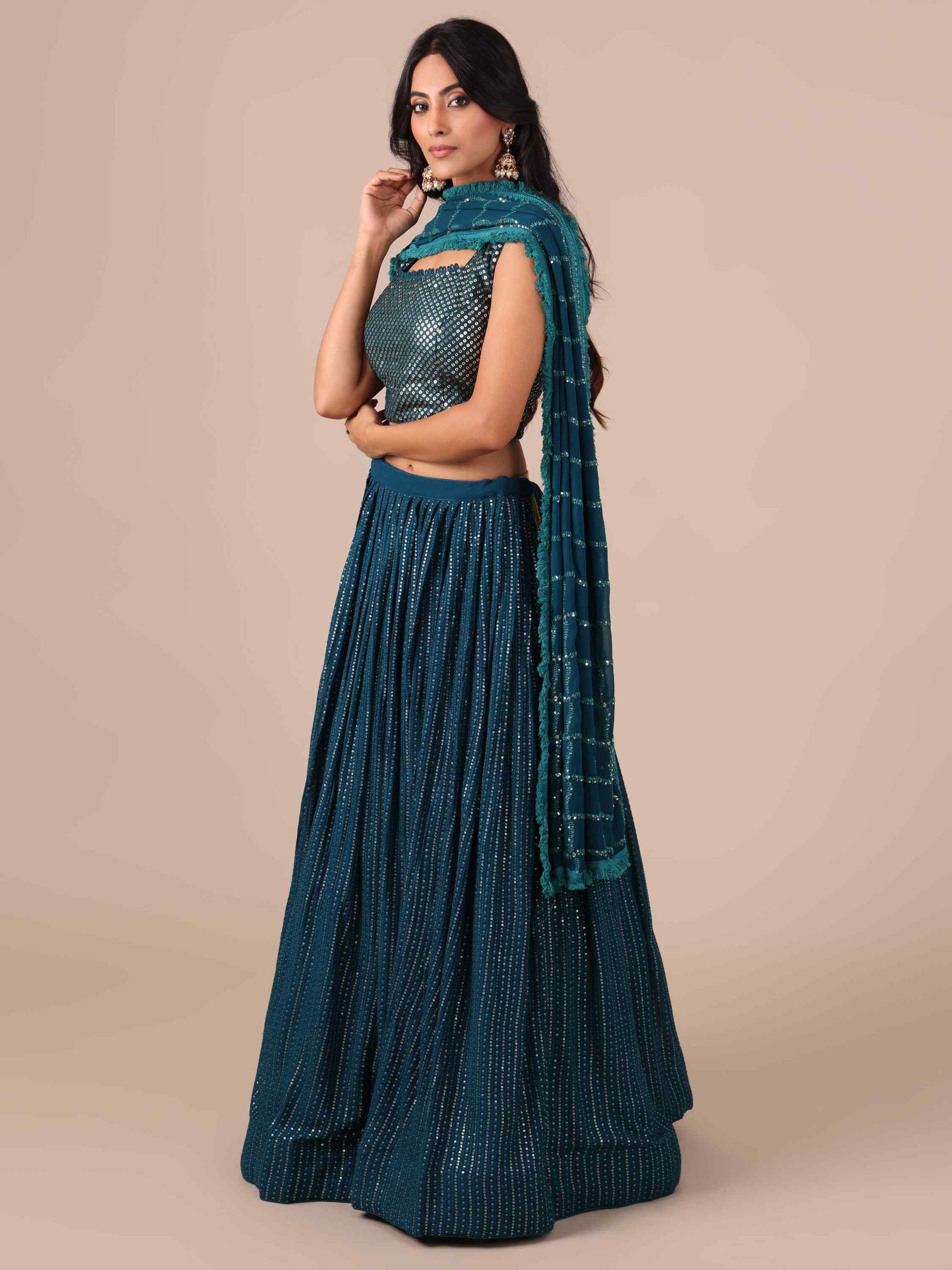 Peacock Blue Chikankari Lehenga Choli with Matching Dupatta - House of Surya