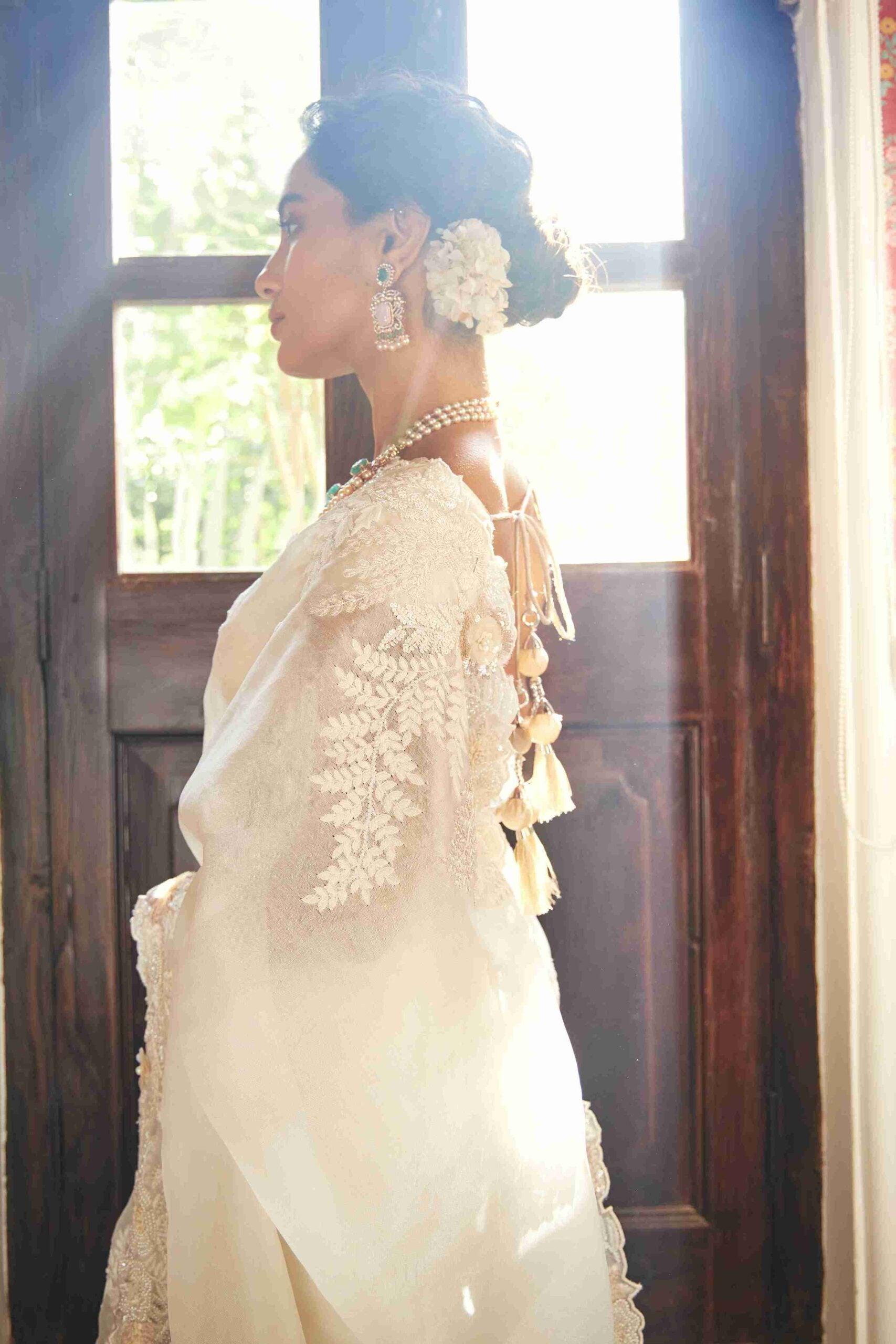 Ivory Gold Organza Saree With thread, Pear and Sequins work - House of Surya