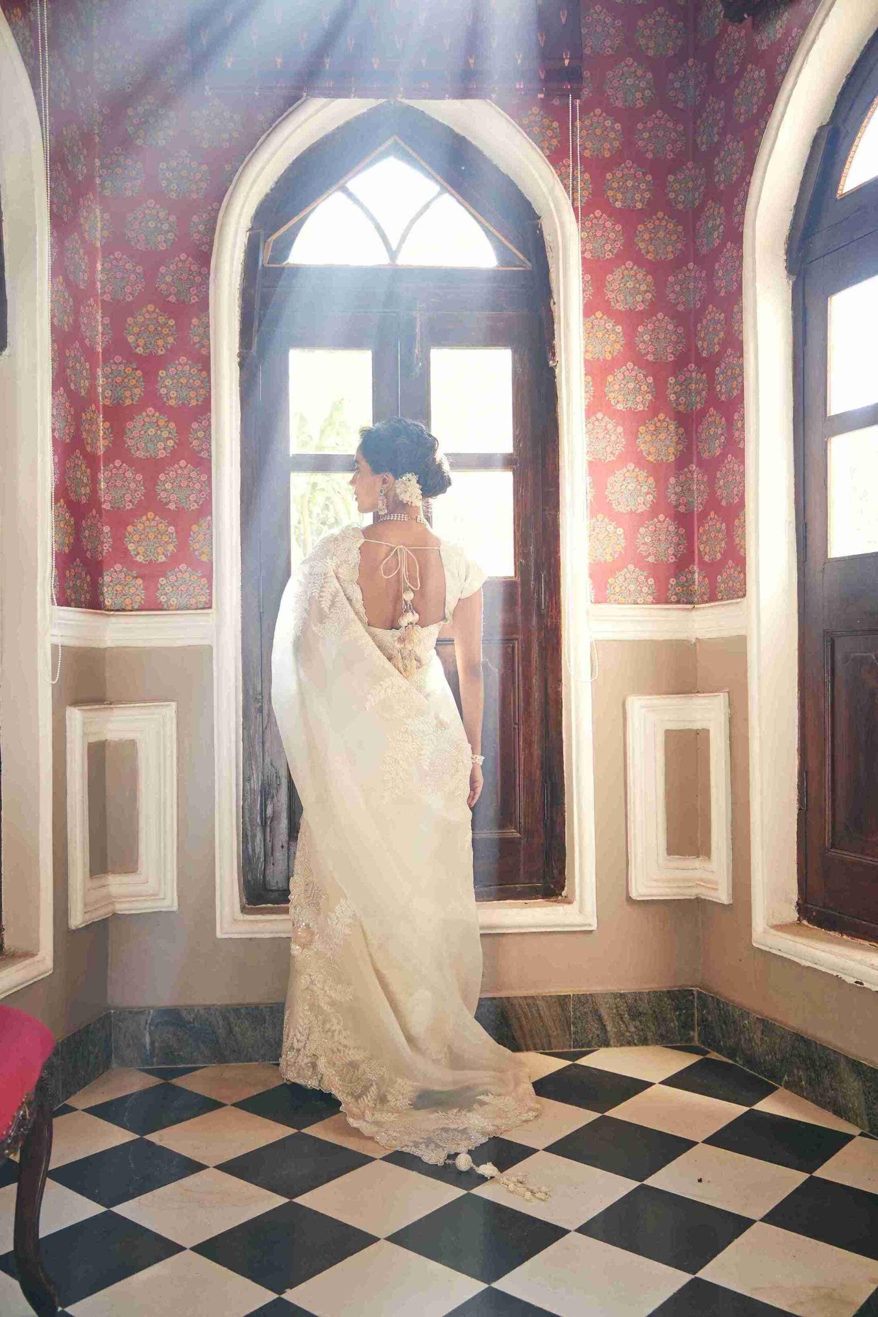 Ivory Gold Organza Saree With thread, Pear and Sequins work - House of Surya