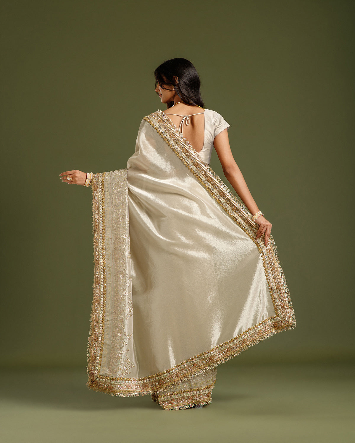 Beige Gold Tissue Organza Saree with Beads, Nulki, Gota Patti, Dori & Zari Work