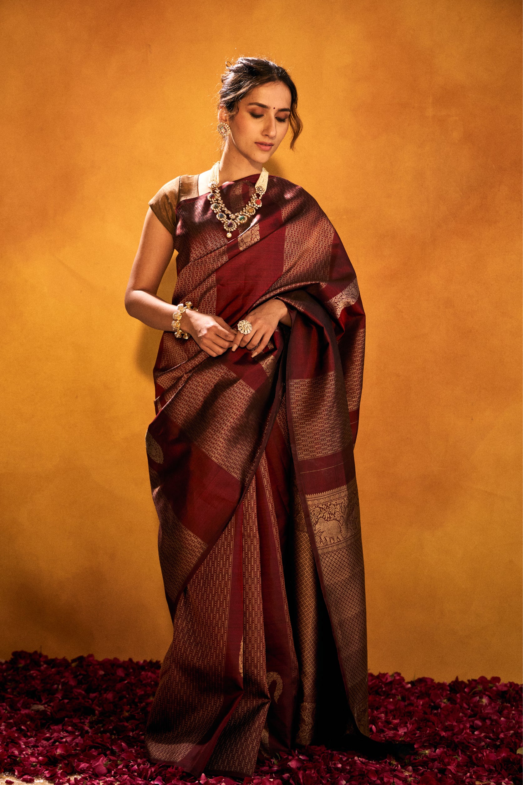 Maroon Kanjivaram Silk Saree with Luxurious Zari Embroidery - Adira - House of Surya