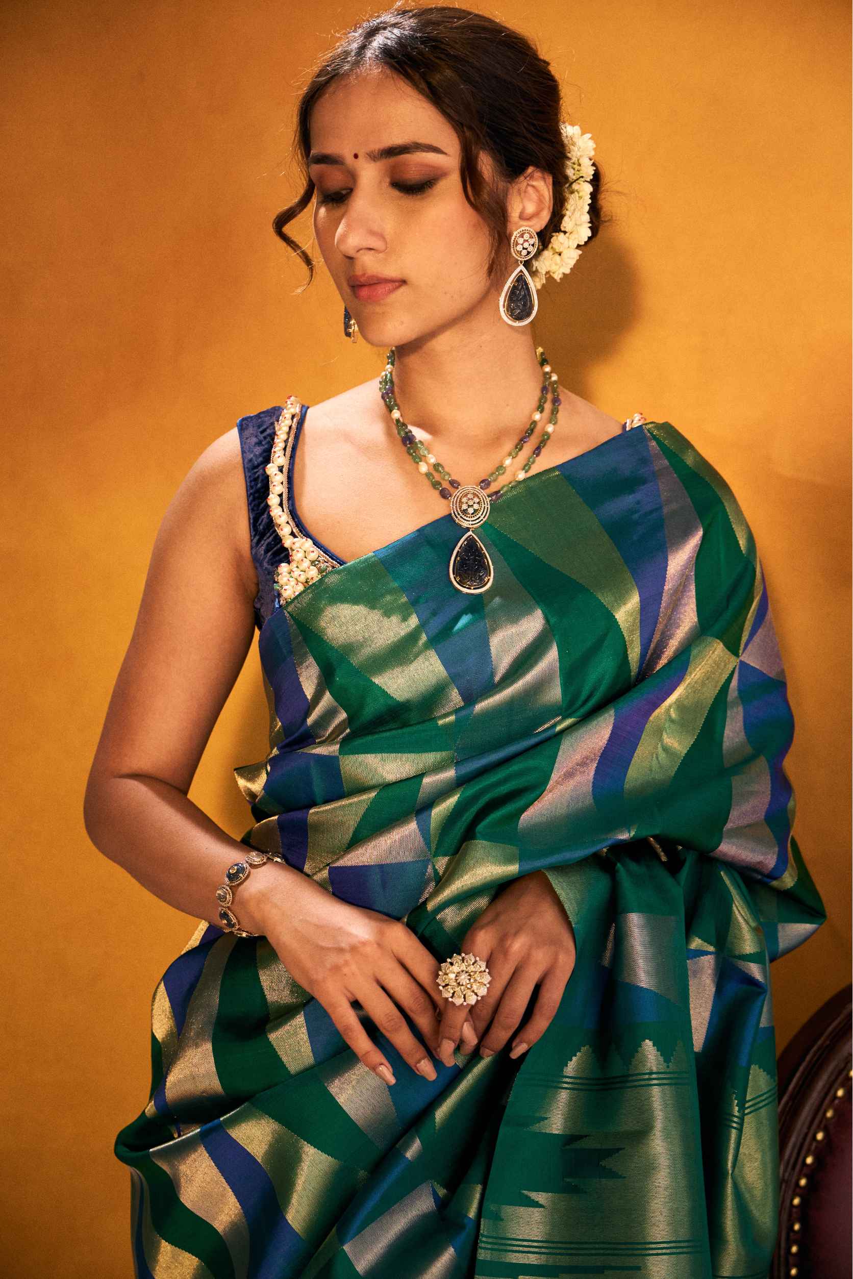 Green and Blue Kanjivaram Silk Saree with Classic Zari Weaving - Adira - House of Surya