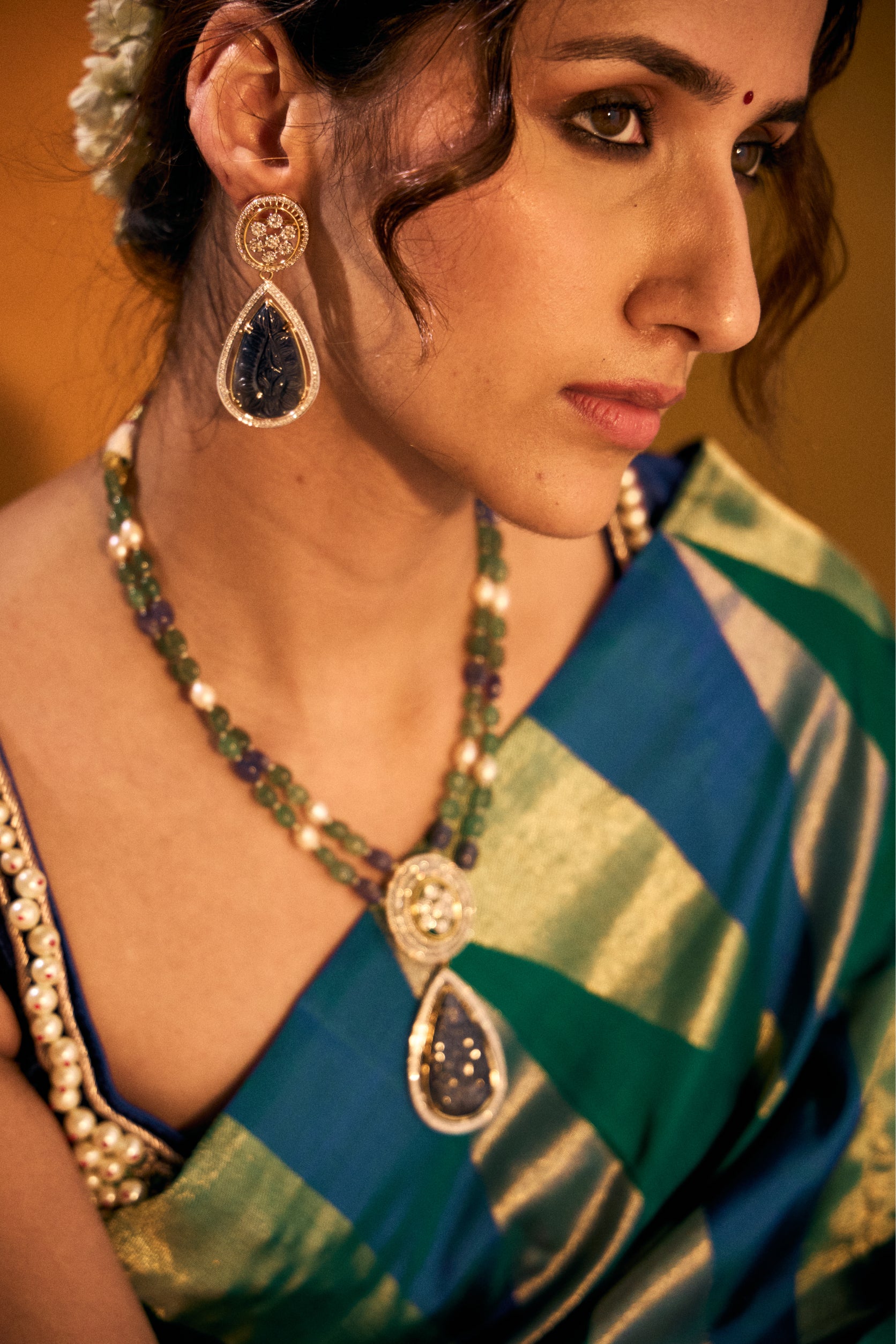 Green and Blue Kanjivaram Silk Saree with Classic Zari Weaving - Adira - House of Surya