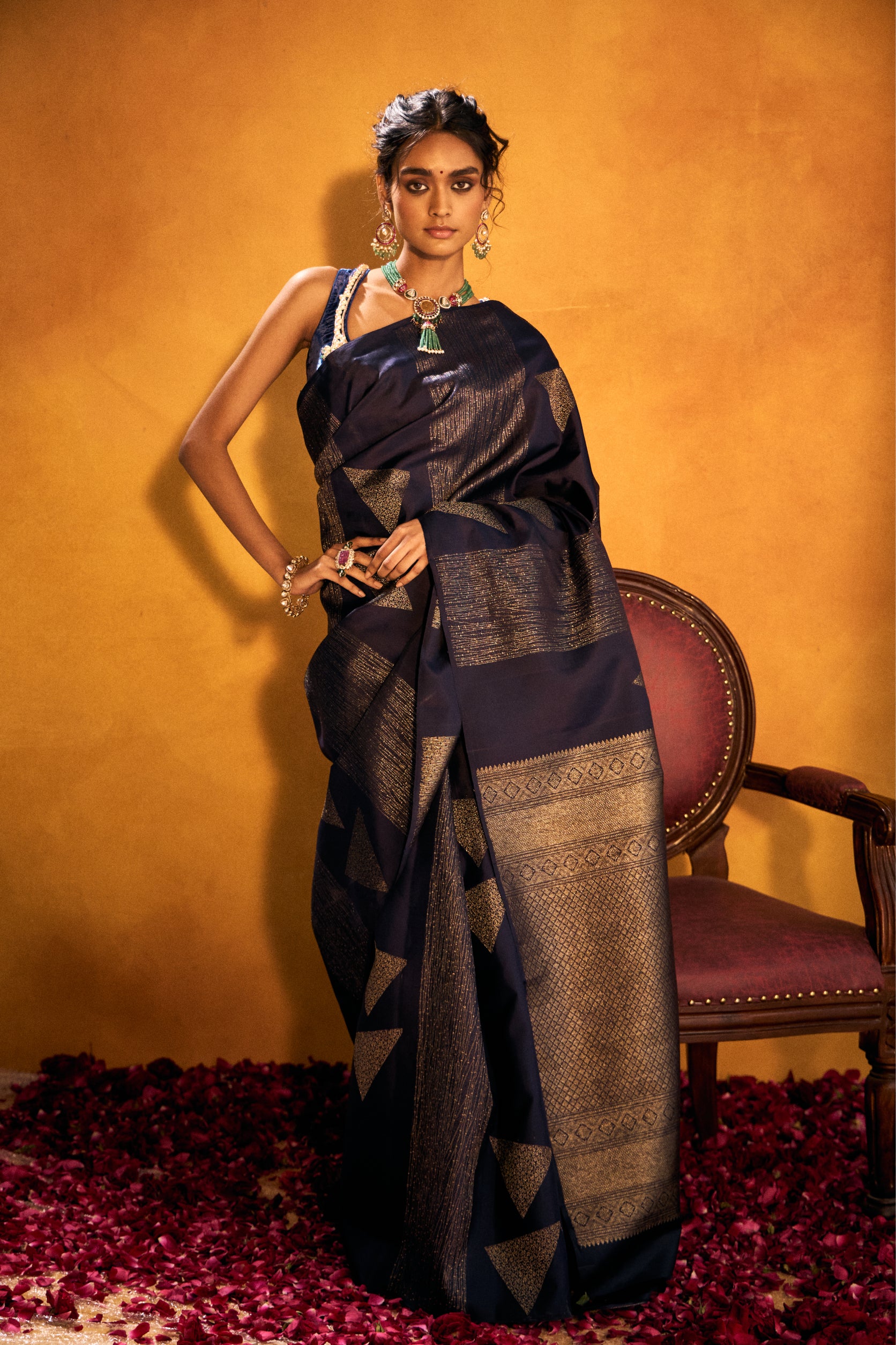 Shop Navy Blue Kanjivaram Saree - House of Surya