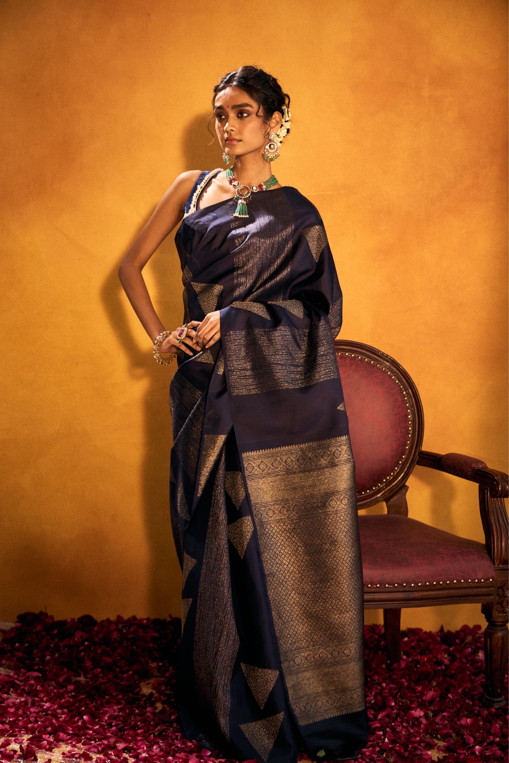 Shop Navy Blue Kanjivaram Saree - House of Surya