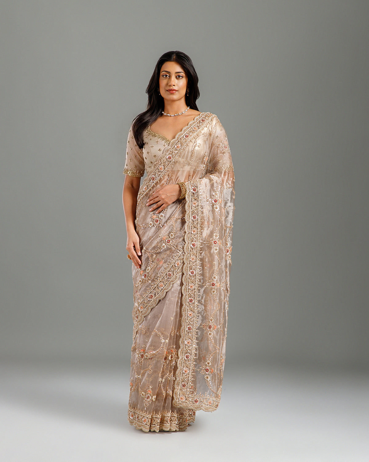 Golden Tissue Organza Saree with Cutdana & Sequence Work - House of Surya