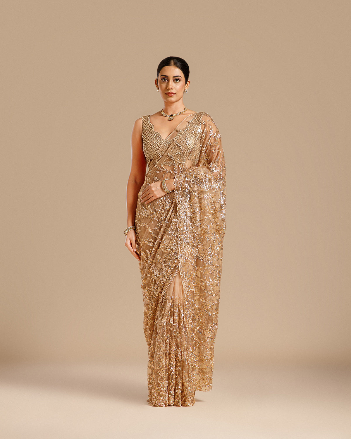Rose Gold Net Saree with Nulki, Sequin & Moti Work