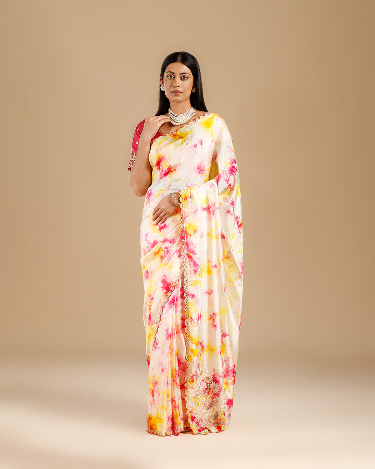 Pink Tie & Dye Silk Saree with Patra, Sequence & Bead Work - House of Surya