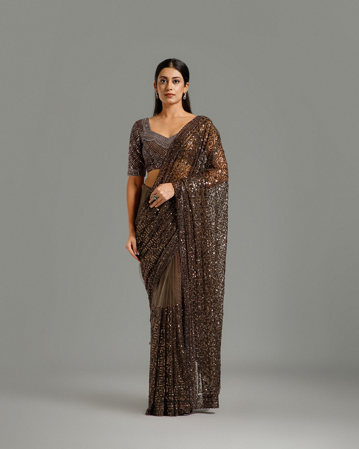 Brown Net Saree with Beads, Nulki & Sequin Work
