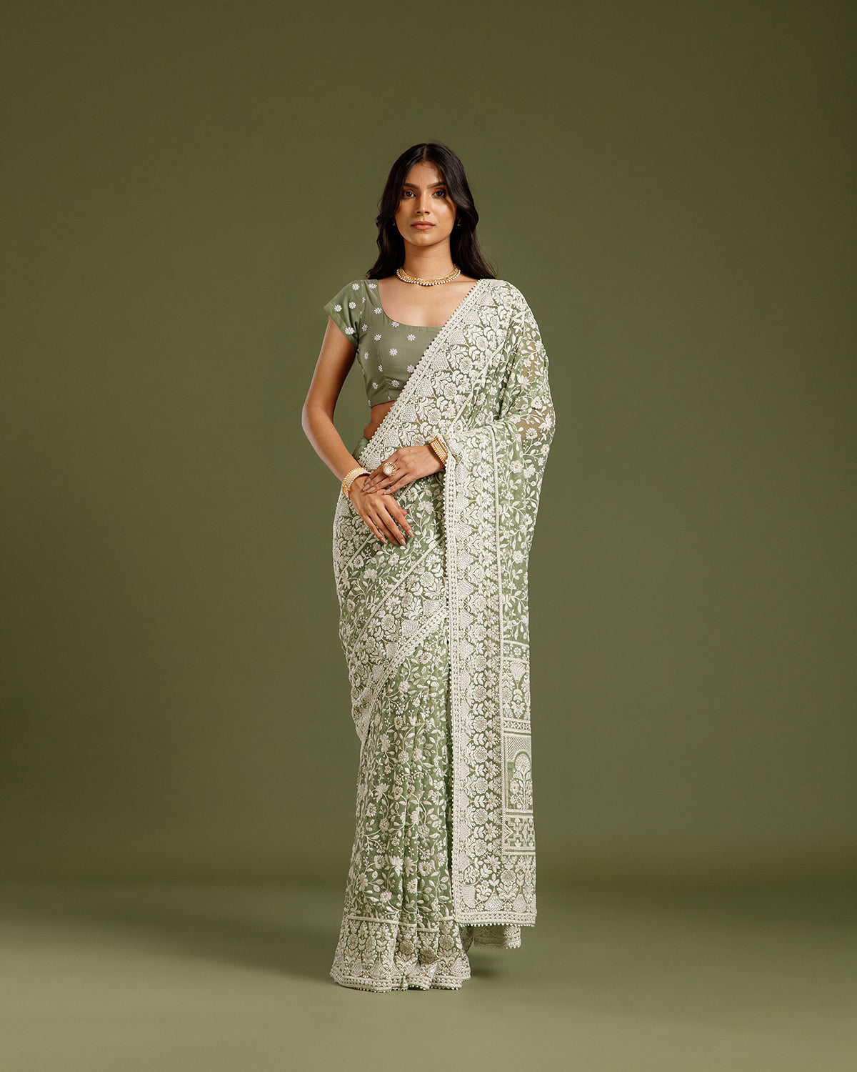 Pista Green Georgette Saree with Resham, Zari & Sequin Work