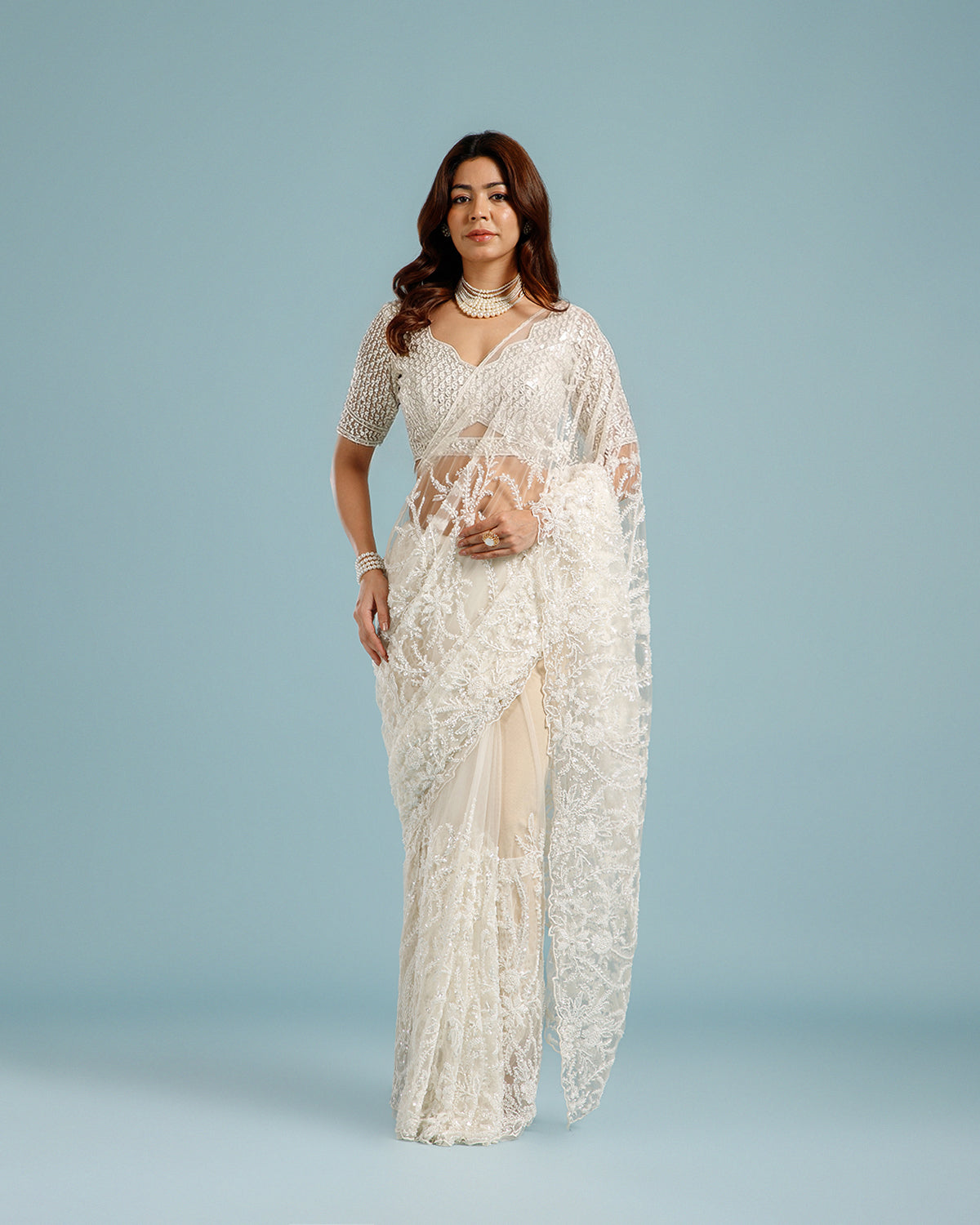 White Net Saree with Sequence & Cutdana Work - House of Surya