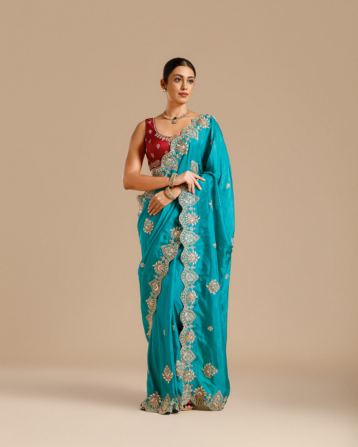 Firozi Dola Silk Saree with Nulki, Pearl, Sequin & Dabka Work