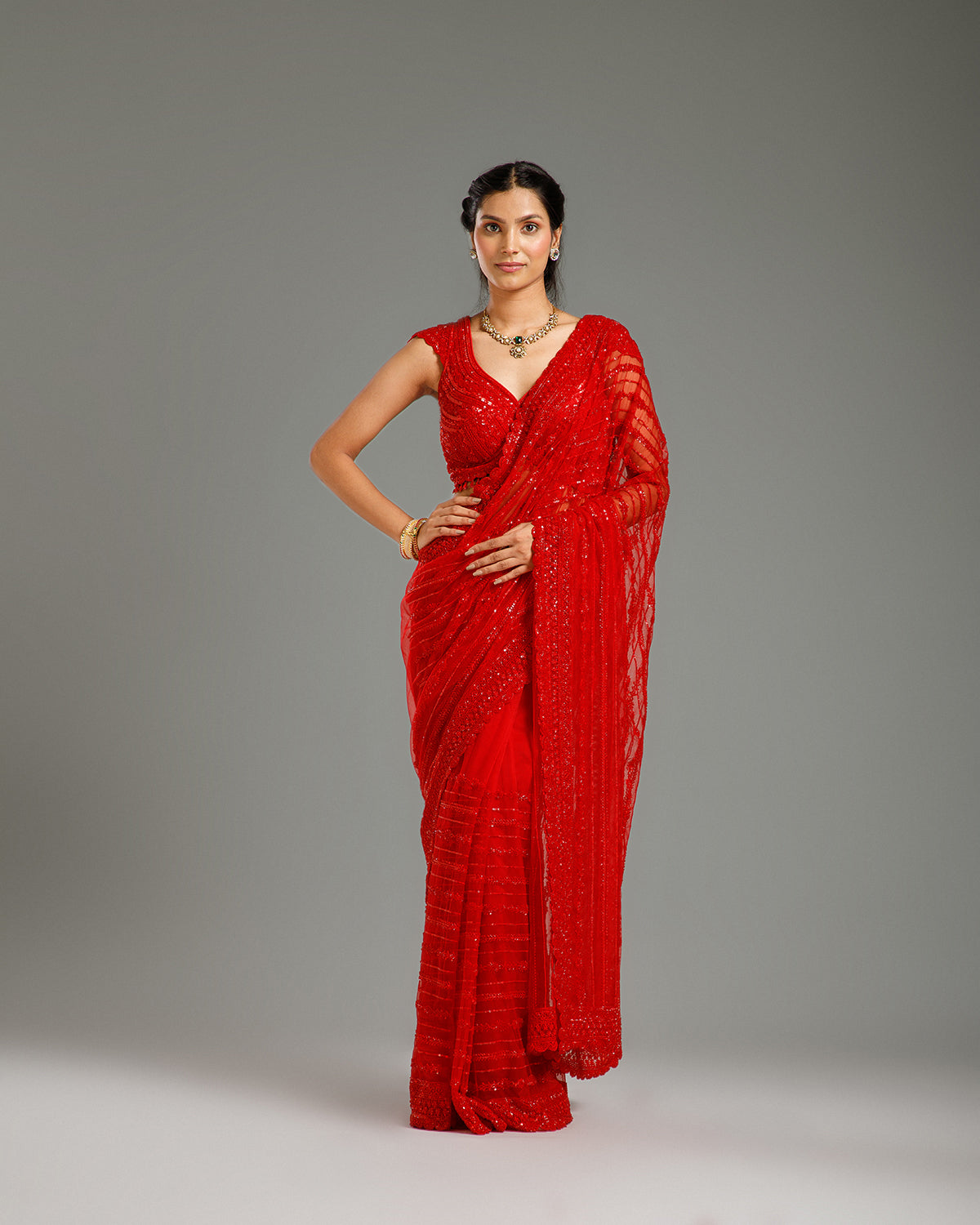 Red Net Saree with Beads & Sequin Work