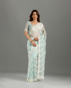 Pista Net Saree with Resham, Sequence & Bead Work - House of Surya