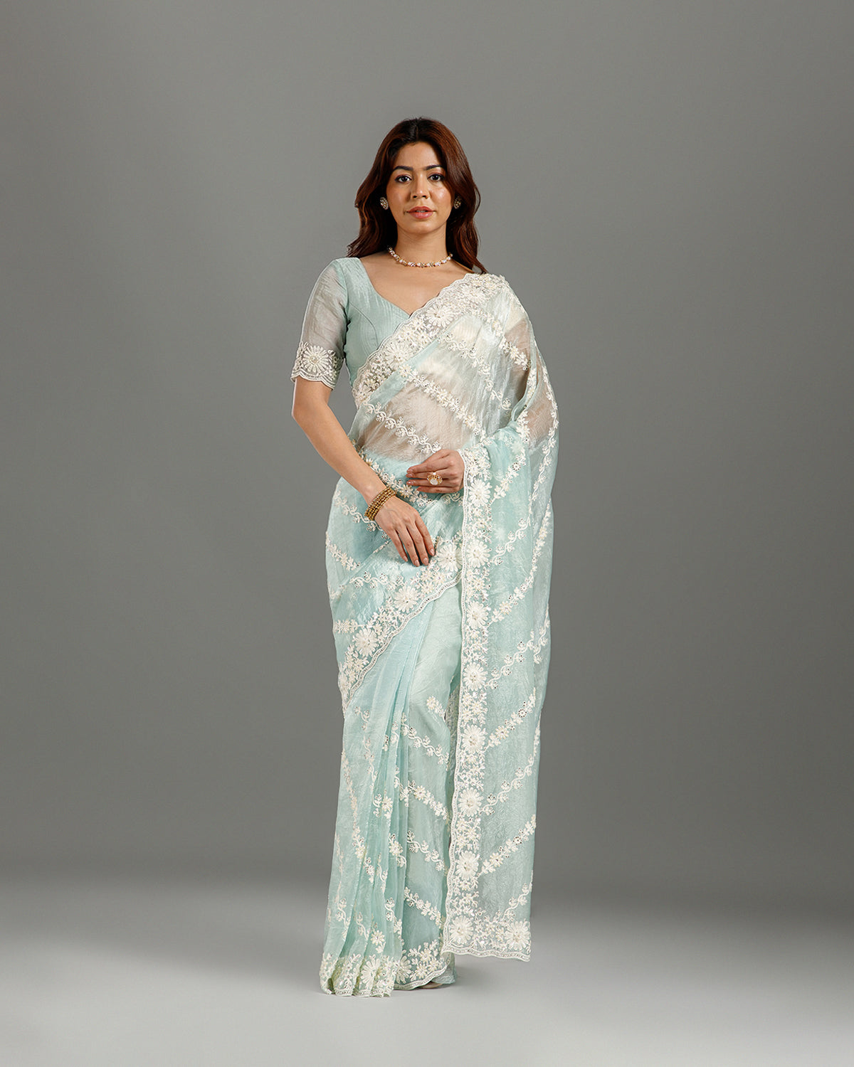 Pista Net Saree with Resham, Sequence & Bead Work - House of Surya
