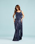 Navy Blue Crepe Drape Saree with Hand Work