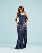 Navy Blue Crepe Drape Saree with Hand Work - House of Surya