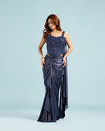 Navy Blue Crepe Ready to Wear Saree - House of Surya