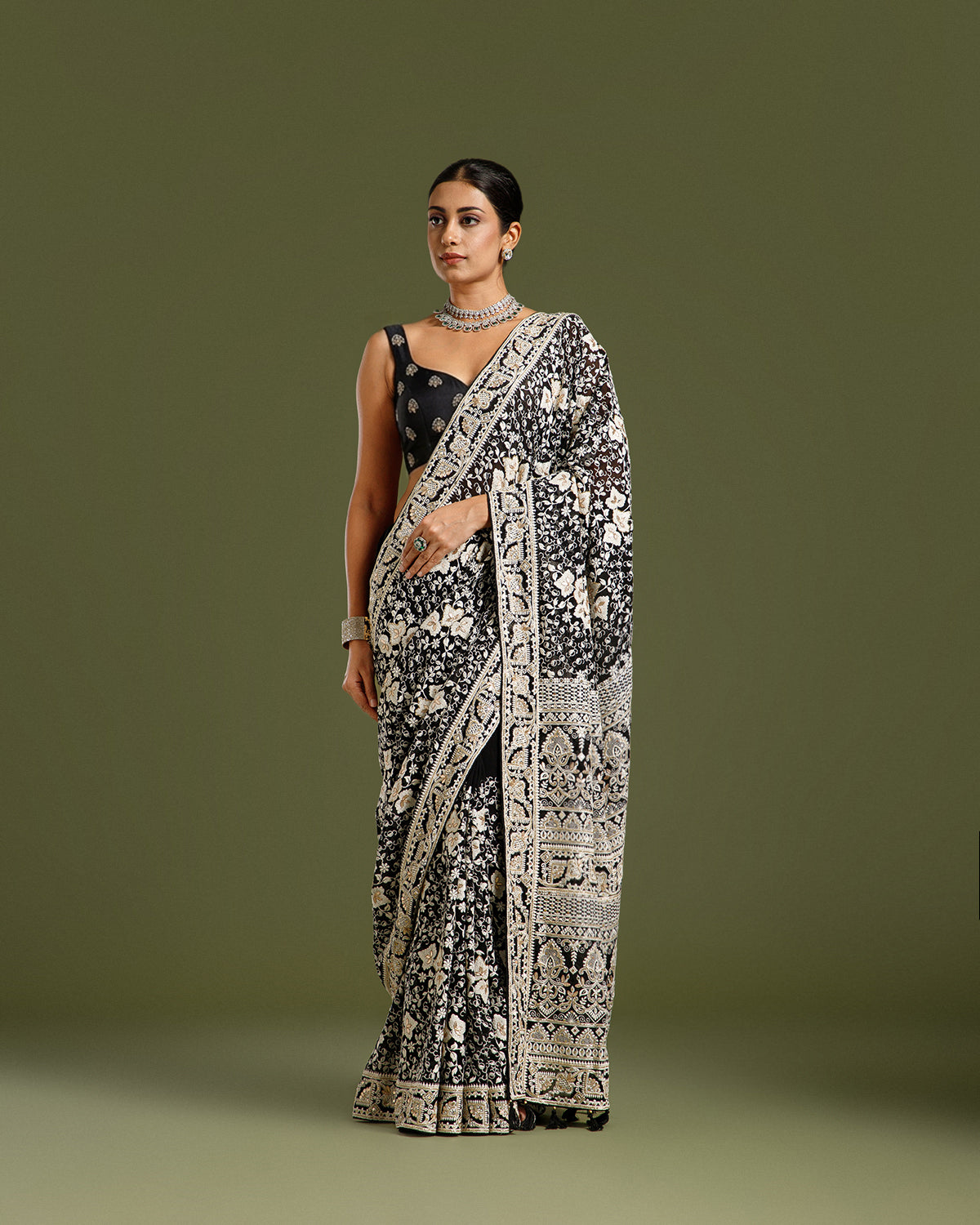 Black Georgette Saree with Sequin, Dabka, Cutdana & Resham Work