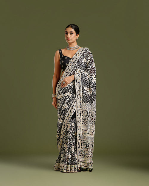 Black Georgette Saree with Sequin, Dabka, Cutdana & Resham Work