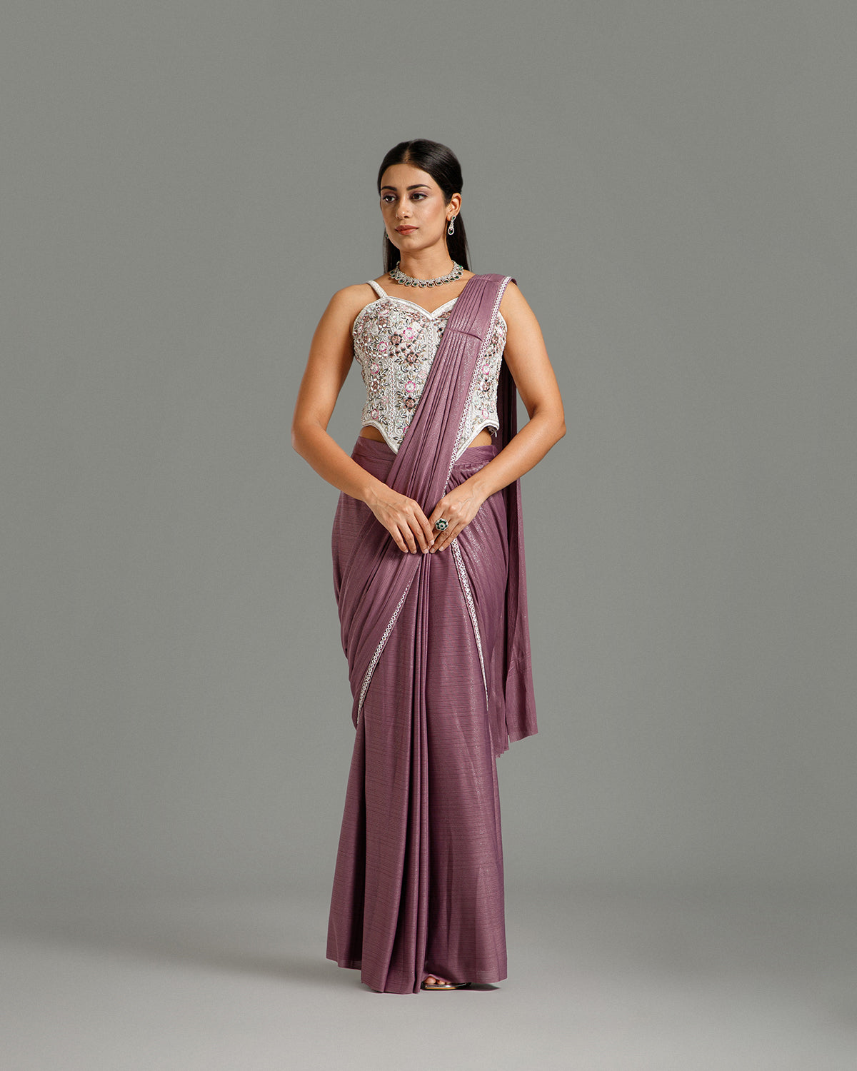 Lavender Lycra Saree with Resham Work