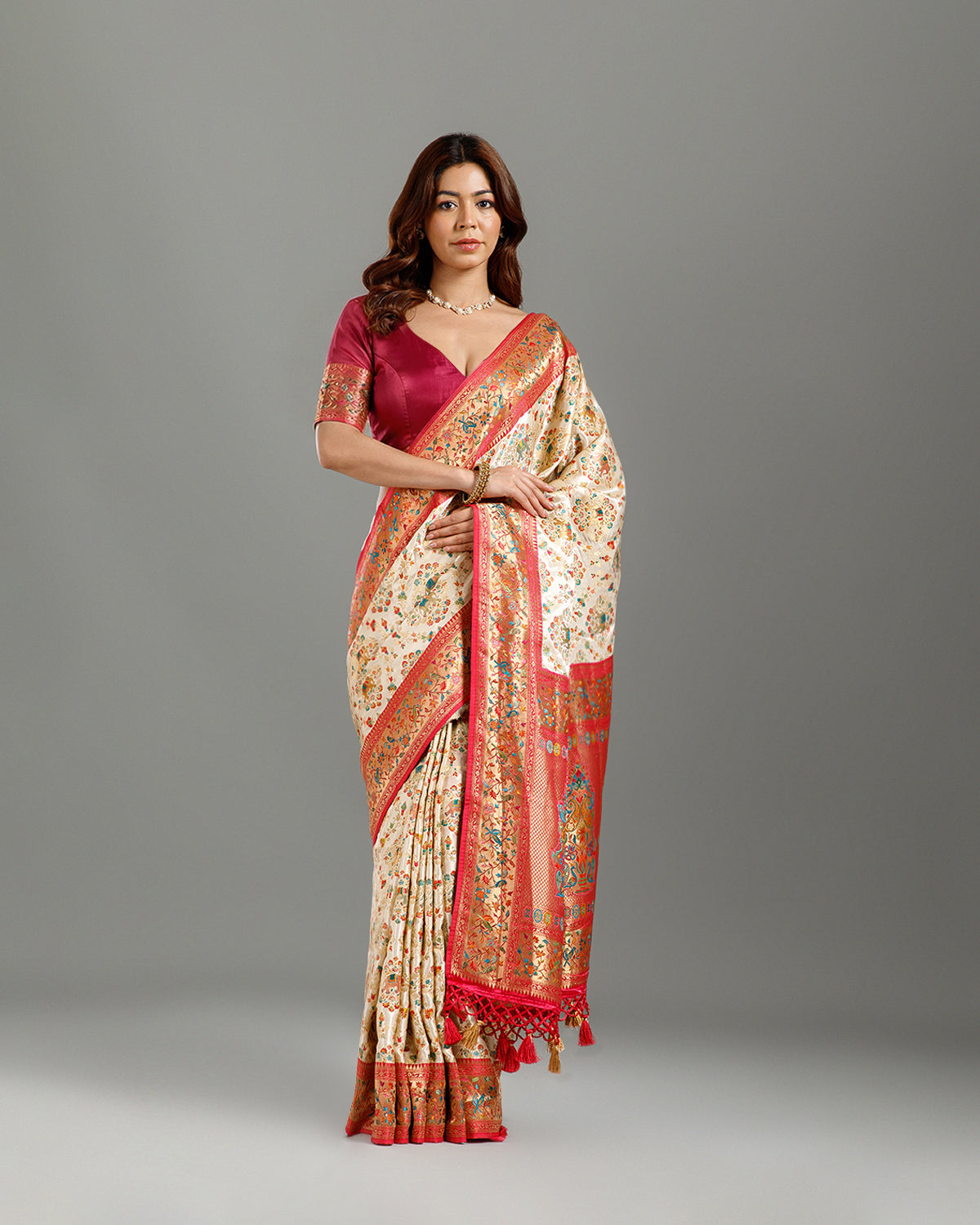 White Satin Silk Saree with Resham Meenakari Work - House of Surya