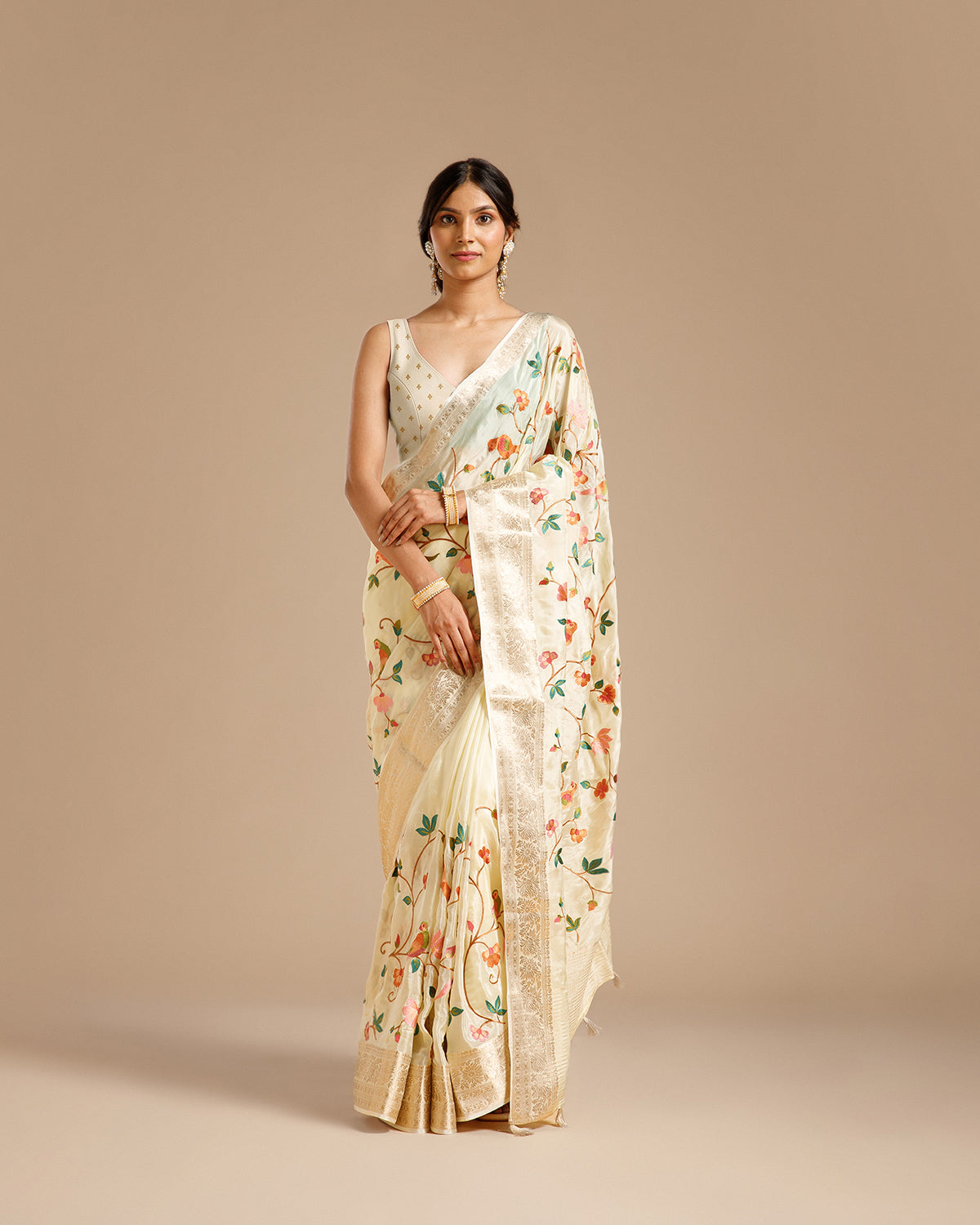 Ivory Crape Silk Saree with Resham Work