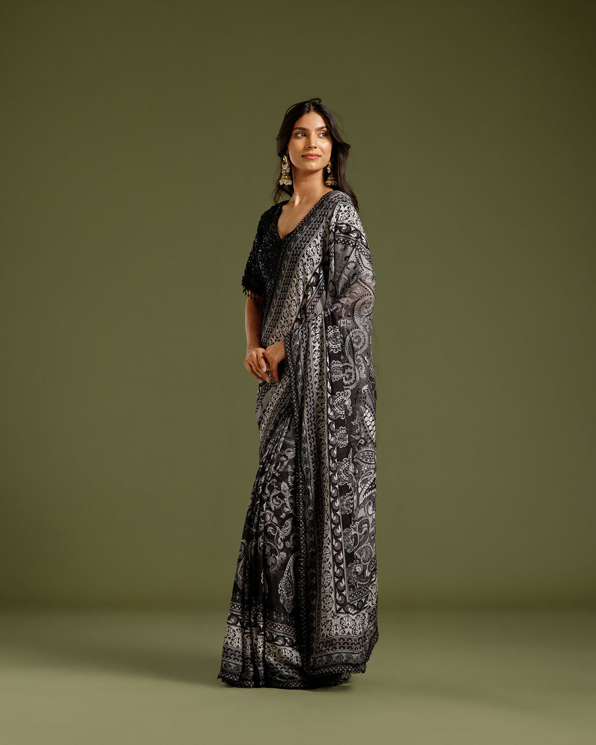Black Chinon Crepe Saree with Nulki Work
