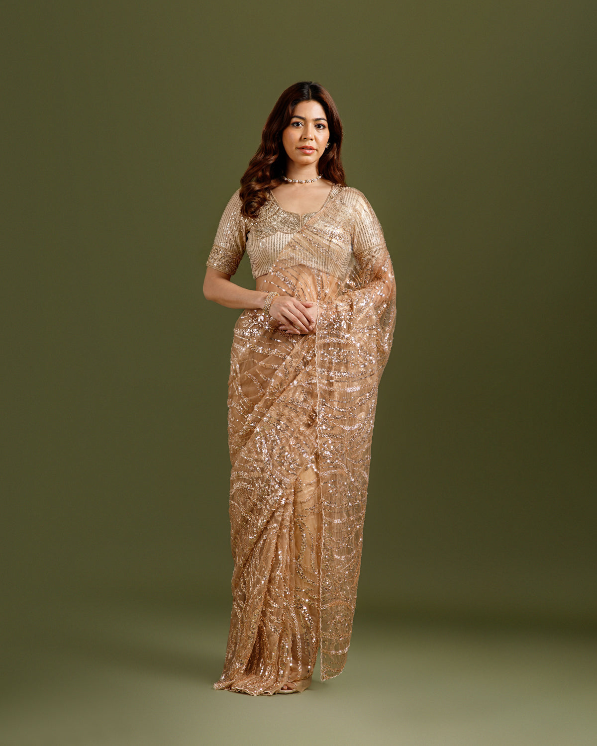 Golden Net Saree with Sequin & Bead Work - House of Surya