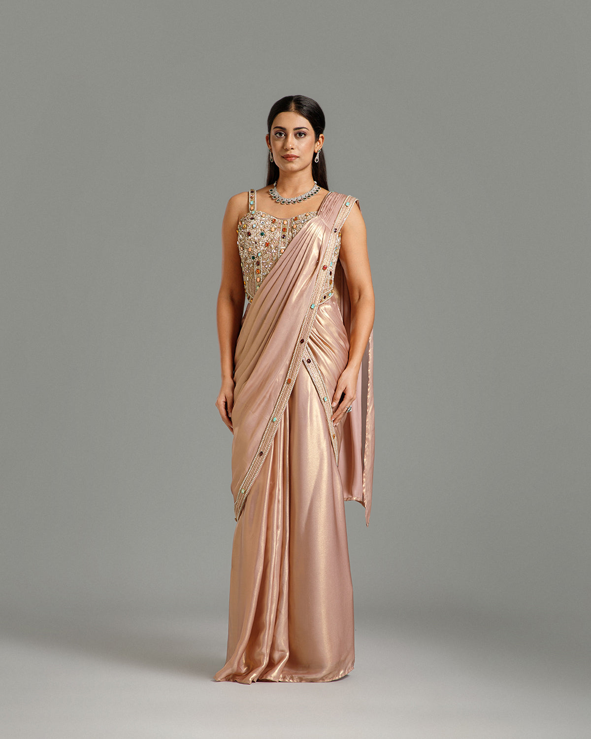 Peach Lycra Saree with Stone Work