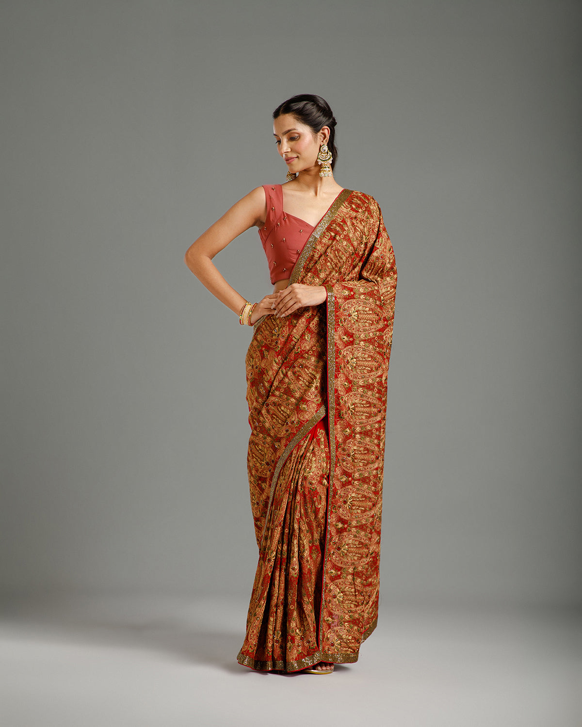 Red Georgette Saree with Resham, Zari & Nulki Work - House of Surya