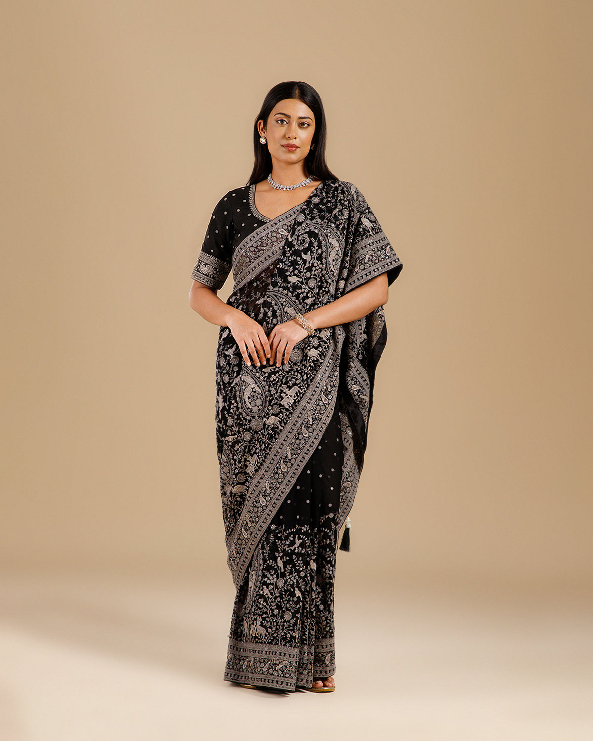 Black Georgette Kashmiri Saree with Traditional Embroidery Work