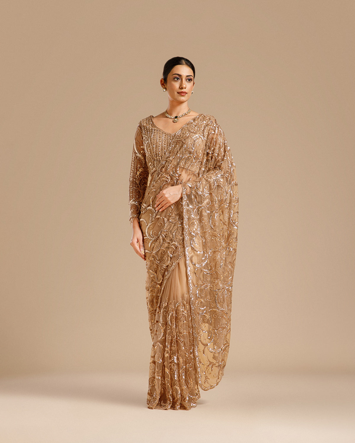 Beige Net Saree with Sequin & Cutdana Work