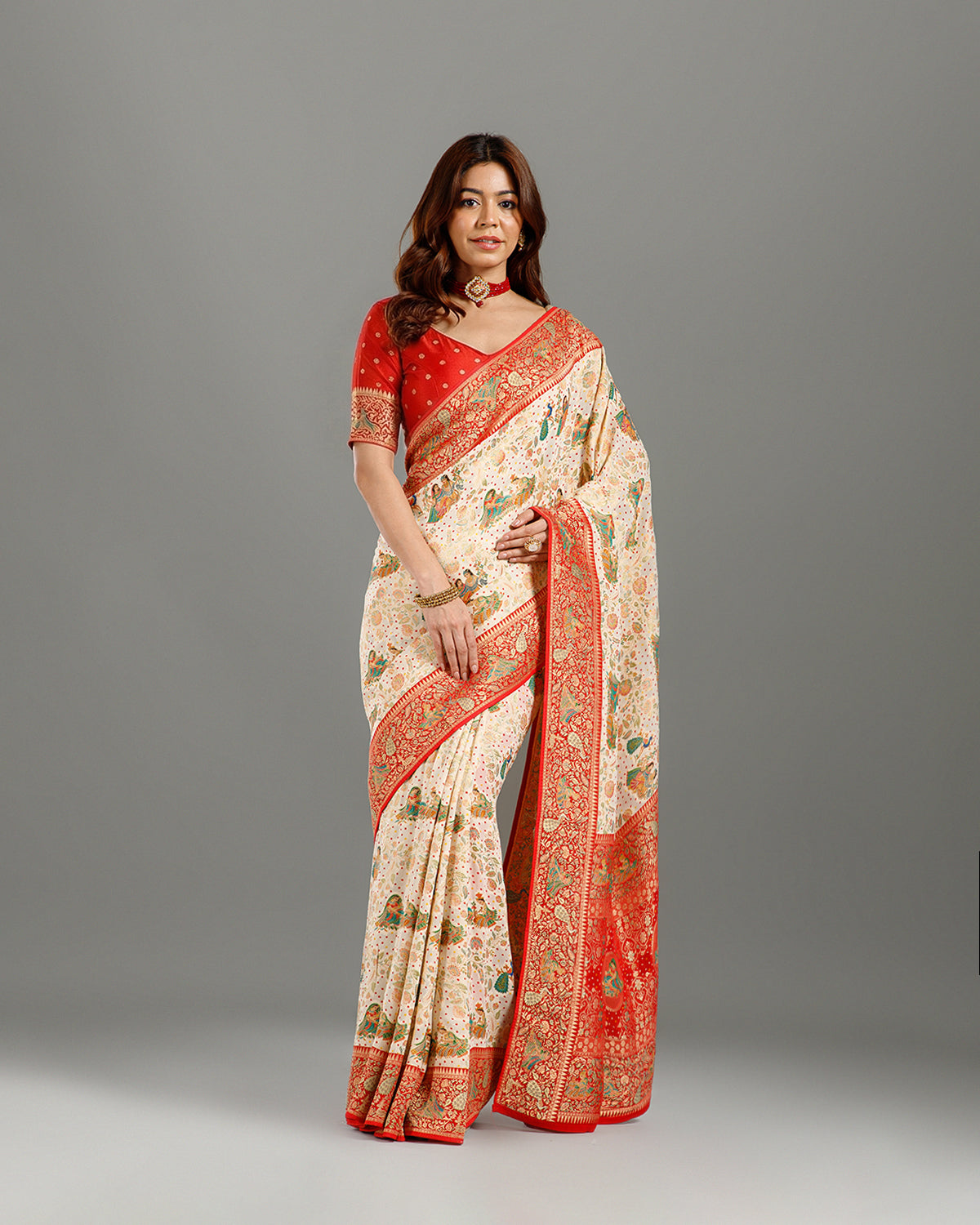Off White Bhandej Khaddi Georgette Saree with Meenakari Weaving - House of Surya