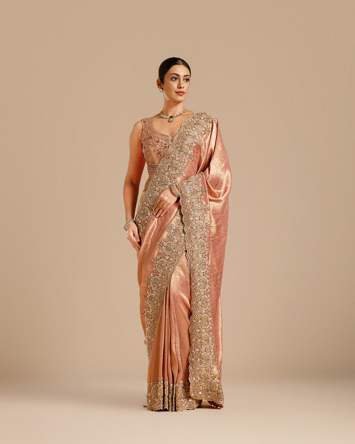 Onion Tissue Silk Saree with Nulki, Sequin, Pearl & Resham Work