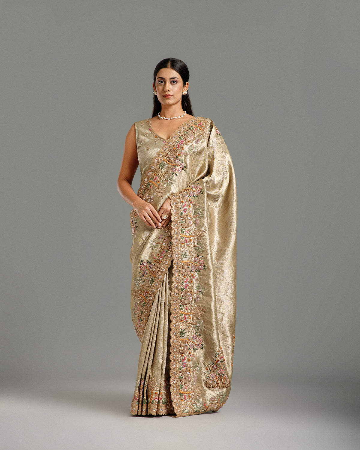 Green Tissue Silk Saree with Resham, Cutdana, Sequin & Zari Work