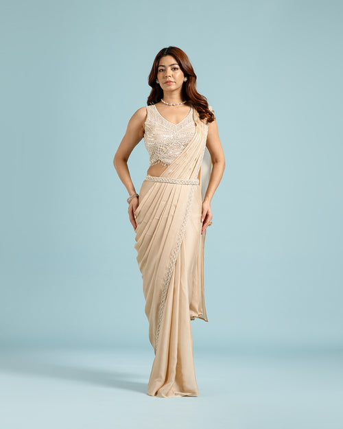 Beige Georgette Drape Saree with Hand Work - House of Surya